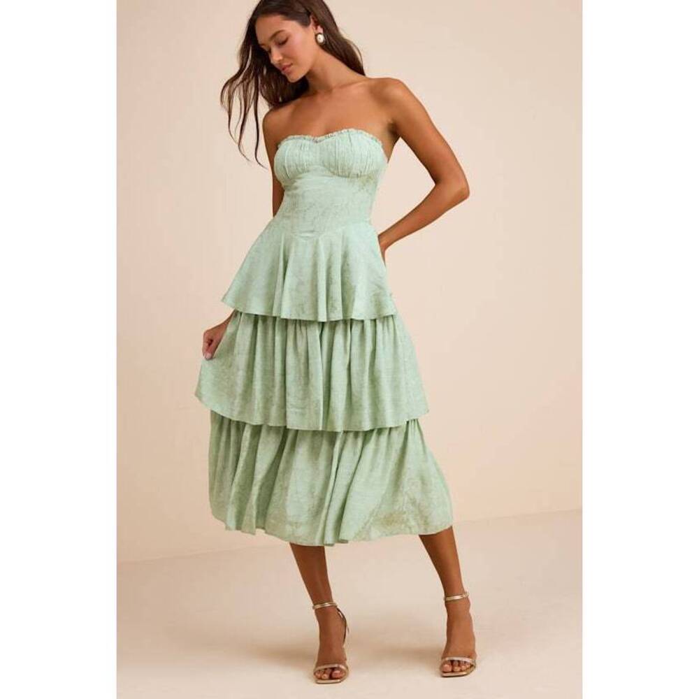 Lulus Beverly Sage Green Jacquard Tiered Midi Dress - Size S